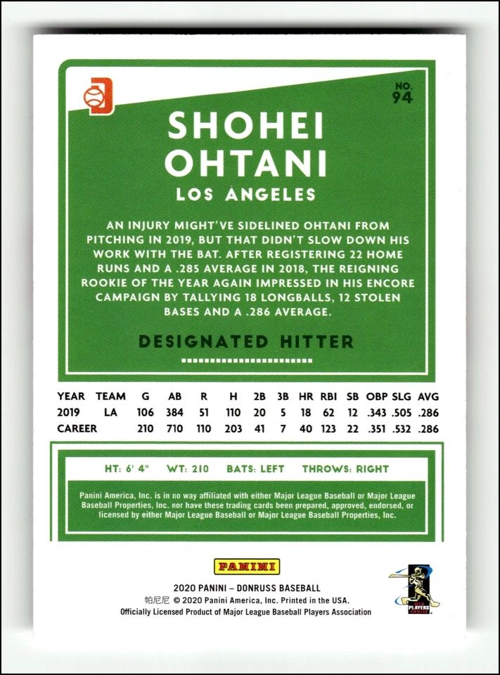 Topps Panini Card Tarjeta Cromo Barajita Shohei Ohtani Donruss 2020 variacion de la imagen original