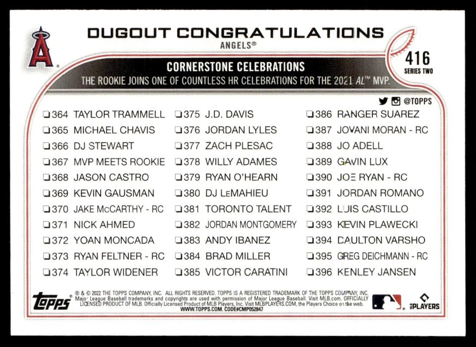 Topps Panini Card Tarjeta Cromo Barajita Shohei Ohtani Topps 2022 Dugout Congratulations
