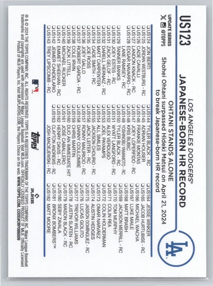 Topps Panini Card Tarjeta Cromo Barajita Shohei Ohtani Topps 2024 Update Japanese Born Hr Record Dodgers