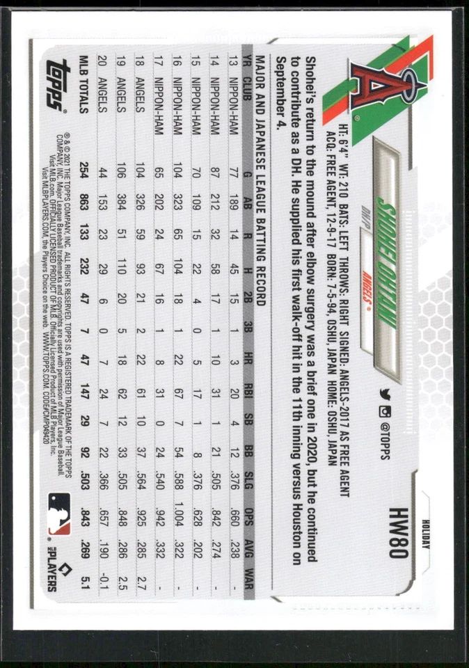 Topps Panini Card Tarjeta Cromo Barajita Shohei Ohtani Topps Holliday 2021 paralela de navidad