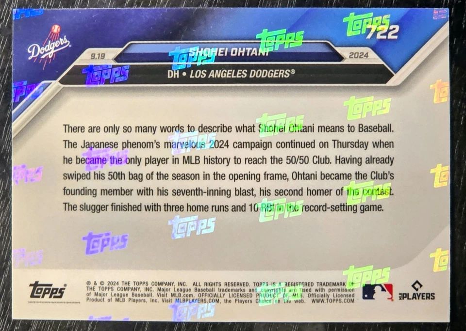 Topps Panini Card Tarjeta Cromo Barajita Shohei Ohtani Topps Now 2024 Primer jugador en lograr un 50/50 HR/SB
