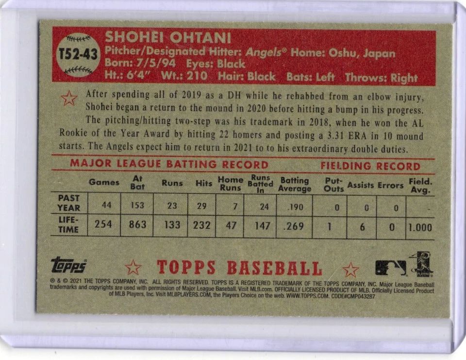 Topps Panini Card Tarjeta Cromo Barajita Shohei Ohtani Topps Reddux 2021