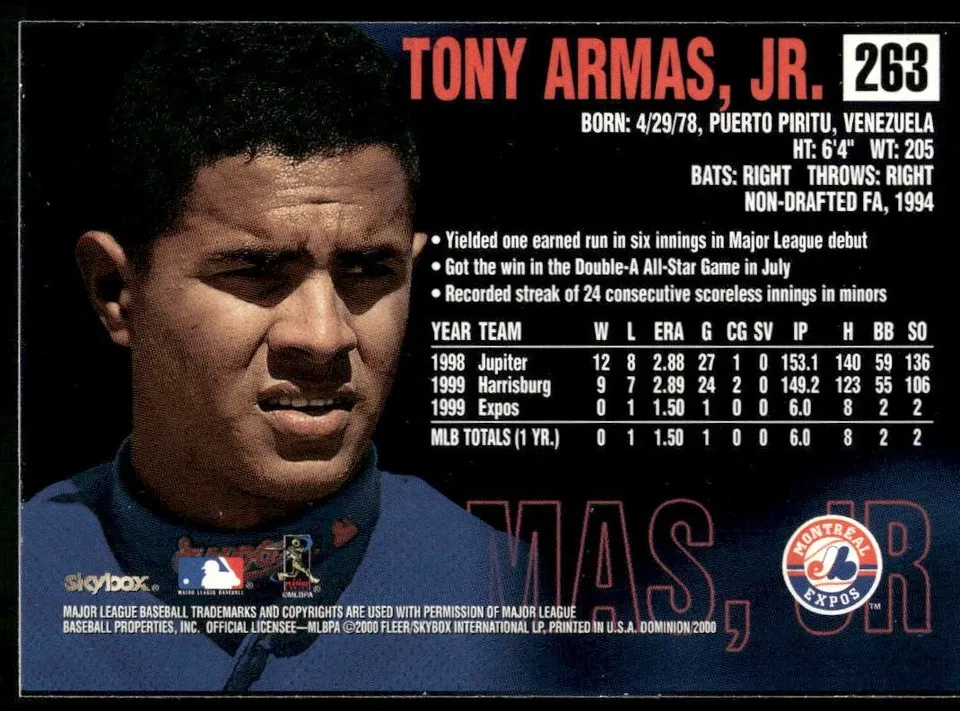 Topps Panini Card Tarjeta Cromo Barajita Tony Armas Jr. Liga Menor Pre Rookiecard RC Skybox 2000 Dominion