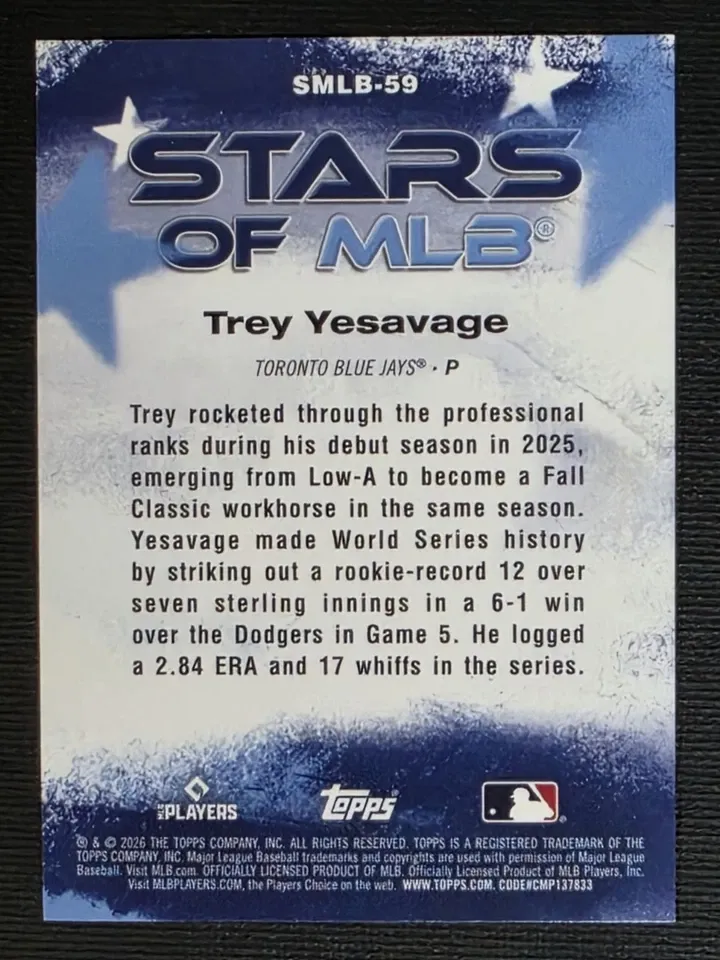 Topps Panini Card Tarjeta Cromo Barajita Trey Yesavage Topps 2026 Series Rookie Card RC Stars Of Mlb