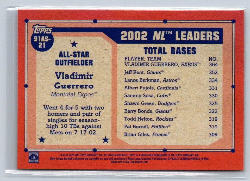 Topps Panini Card Tarjeta Cromo Barajita Vladimir Guerrero Topps 1991 Series All-stars