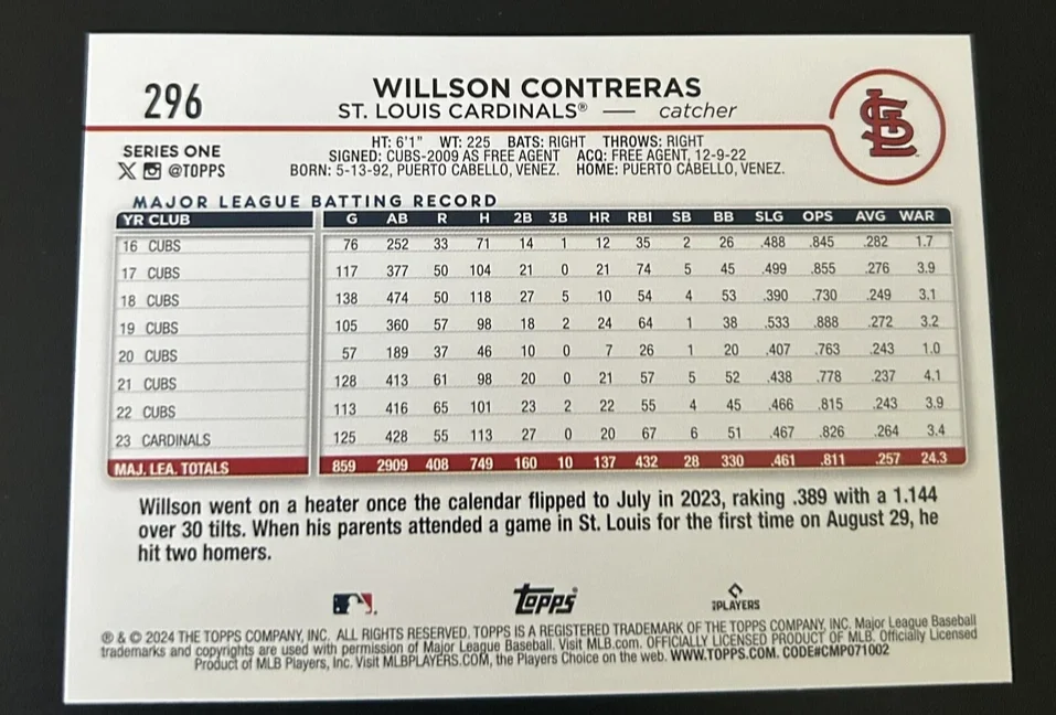 Topps Panini Card Tarjeta Cromo Barajita Wilson Contreras Topps Series 1 2024