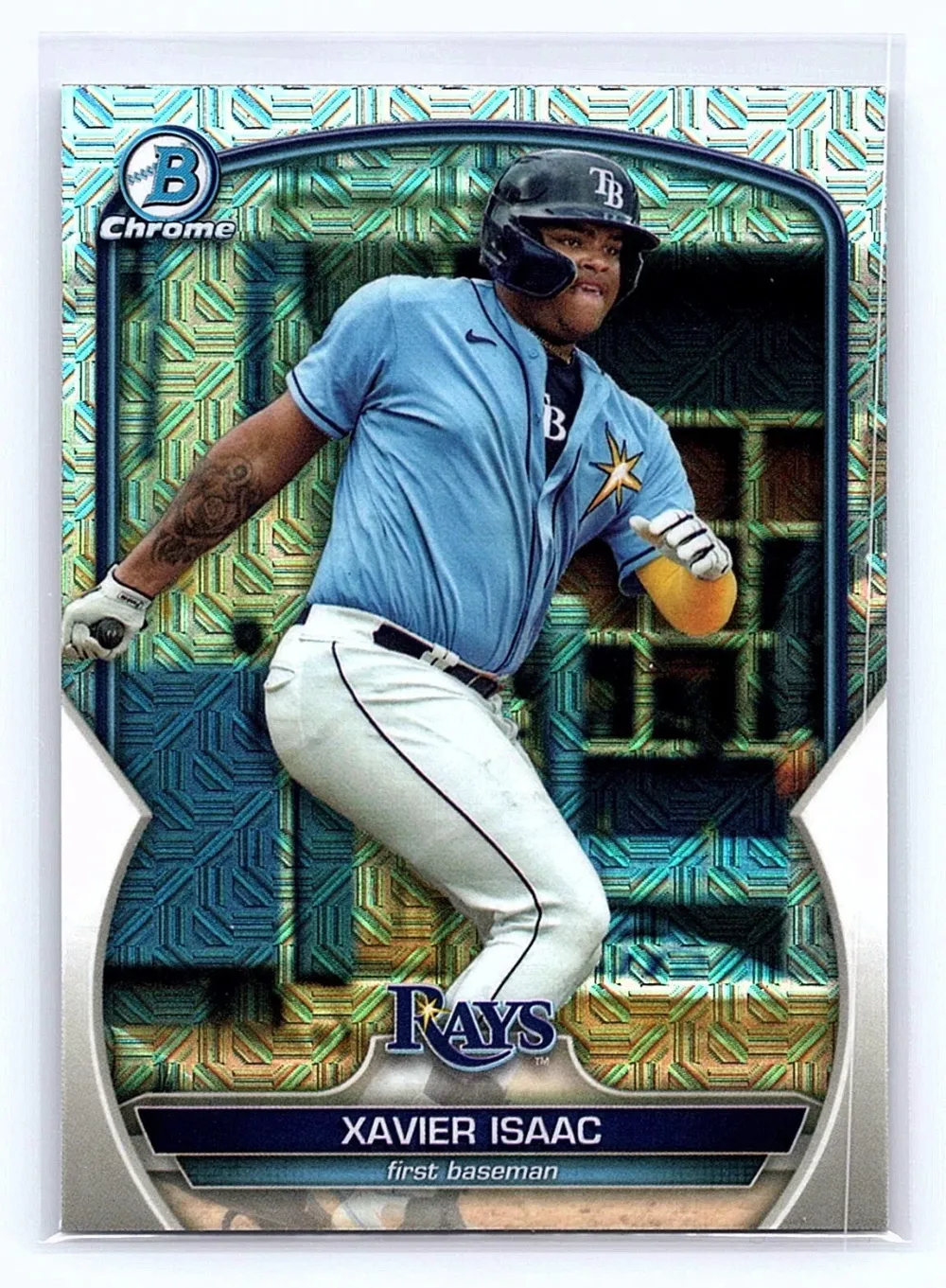 Topps Panini Card Tarjeta Cromo Barajita Xavier Isaac Bowman 2023 Chrome Refractor 1st Bowman Prospect Mojo