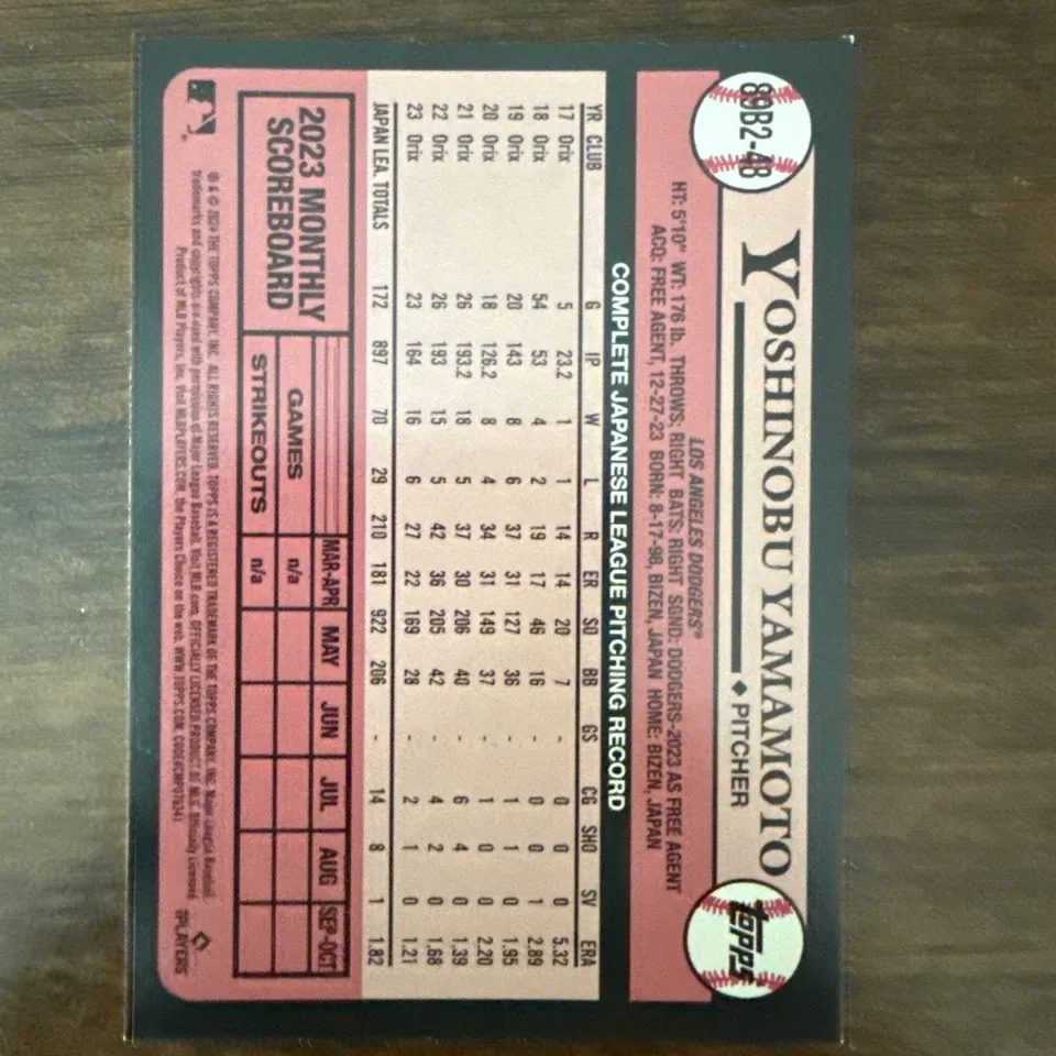 Topps Panini Card Tarjeta Cromo Barajita Yoshinobu Yamamoto Topps 2024 Series Rookie Card RC 1989